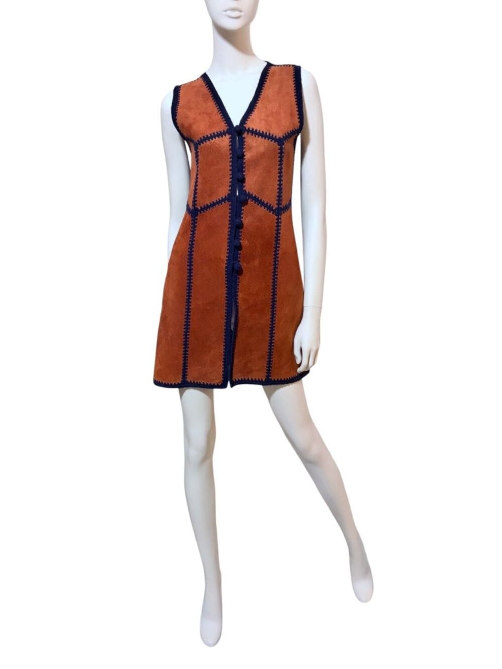 Vintage Suede Micro Mini Dress S Long Vest Gilet Festival Hippie 100% Leather
